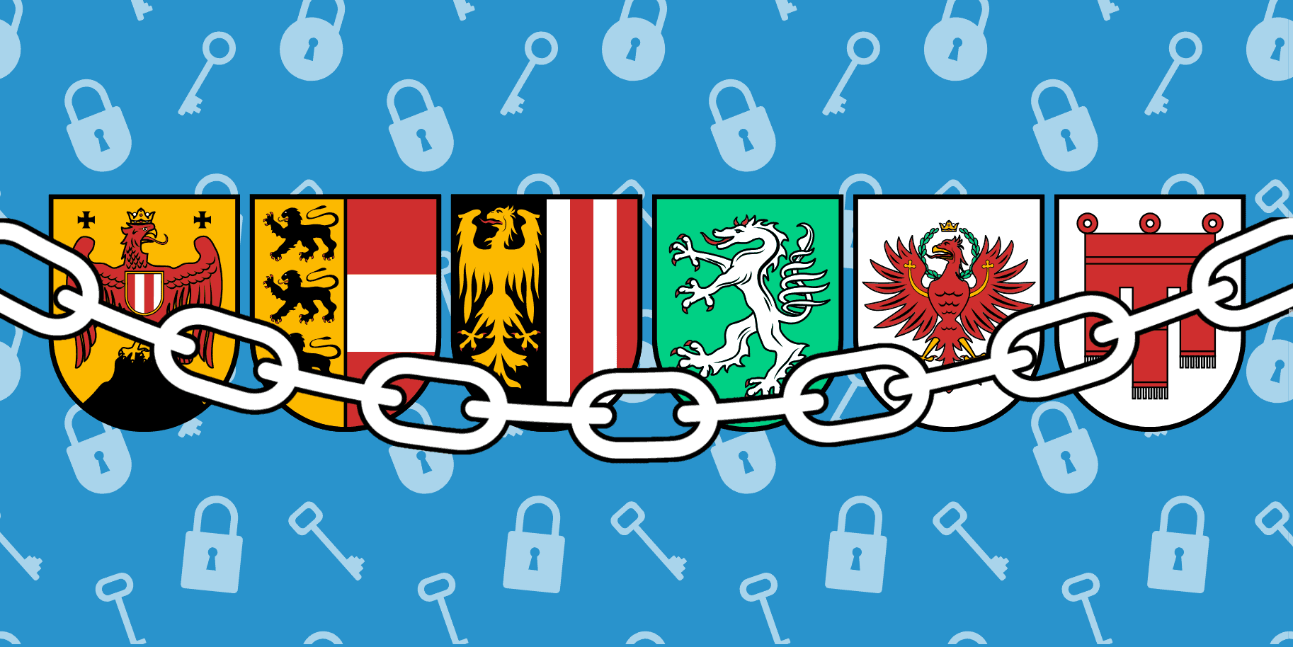 Das Wappen vom Burgenland, Kärnten, Oberösterreich, der Steiermark, Tirol und Vorarlbergs hinter einer Kette. Im Hintergrund sieht man viele verschlossene Schlösser und Schlüssel