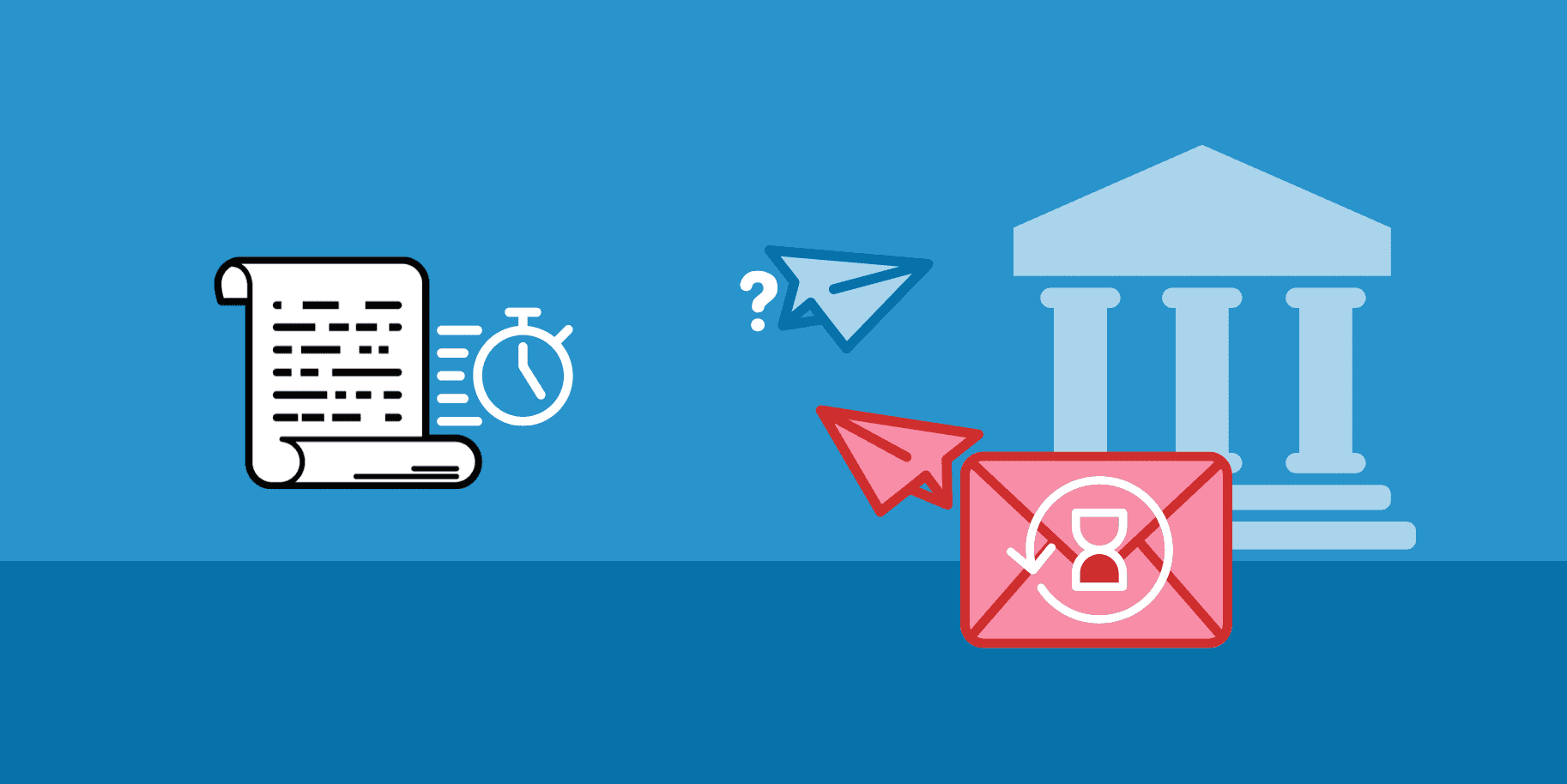 Rechts ein Gesetz mit der Stoppuhr und Links ein Brief mit einer Fragezeichen das in Richtung eines Amtsgebäudes gerichtet ist, vom Amtsgebäude kommt ein Brief mit einem Wartesymbold zurück.